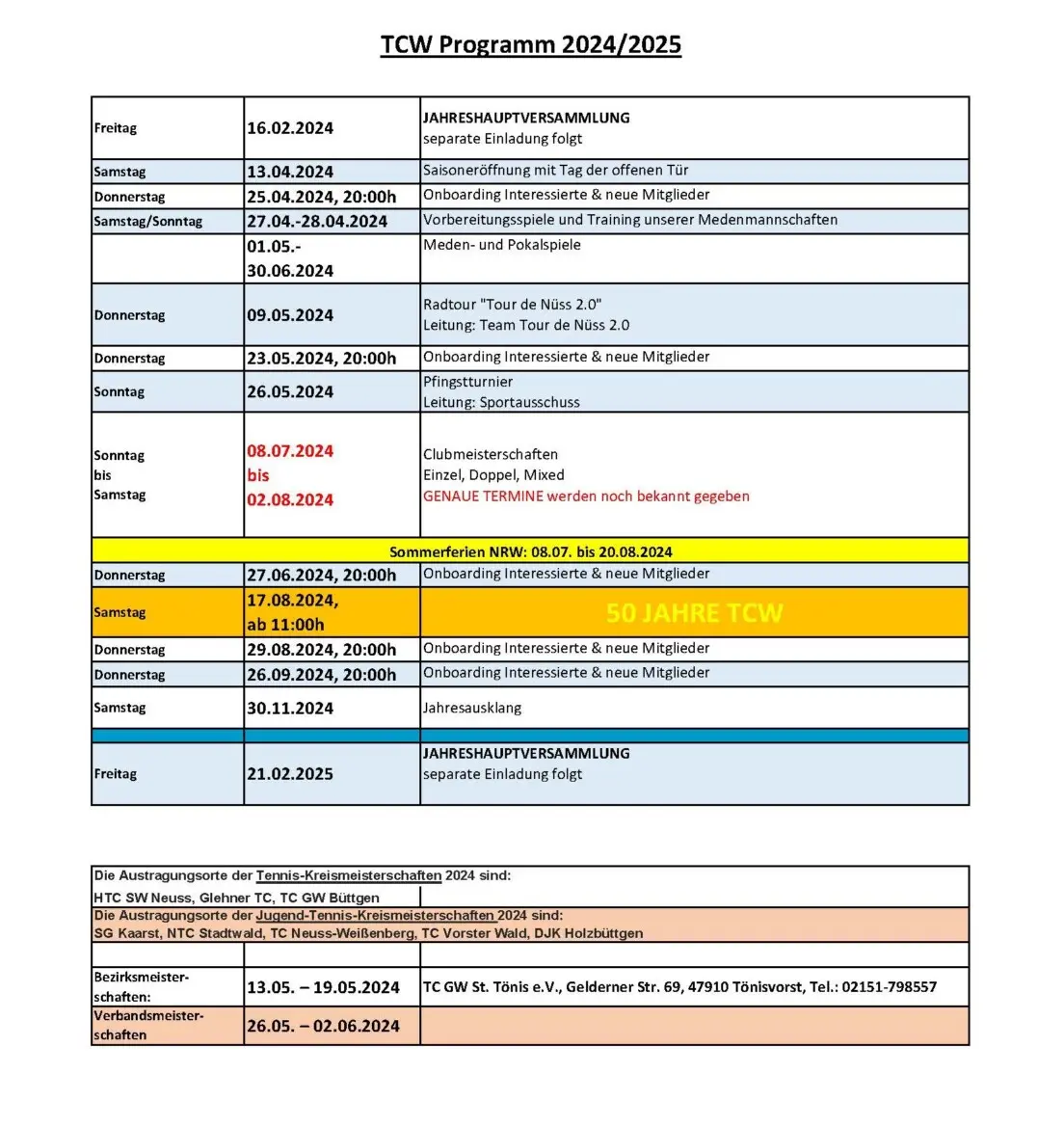 Veranstaltungen und Termin im TCW 2024/2025