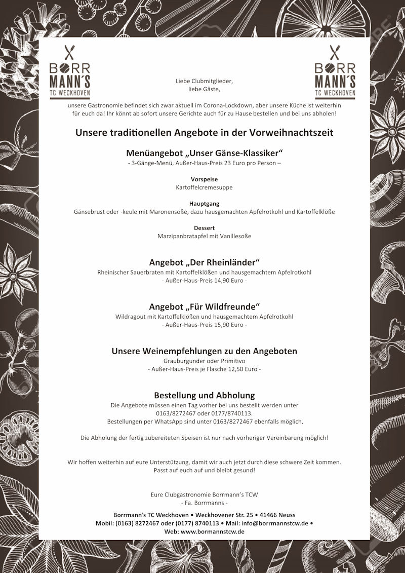 Speisekarte "Angebote in der Vorweihnachtszeit 2020" Speisekarte "Angebote in der Vorweihnachtszeit 2020"