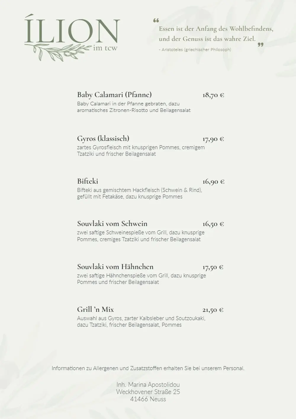 Speisekarte am Tag der Eröffnung am 6. Februar Speisekarte am Tag der Eröffnung am 6. Februar