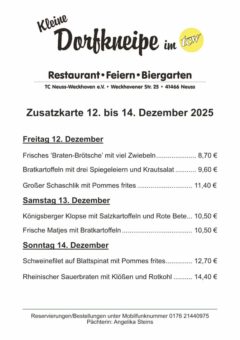 Zusatzangebote der "Kleinen Dorfkneipe im TCW"