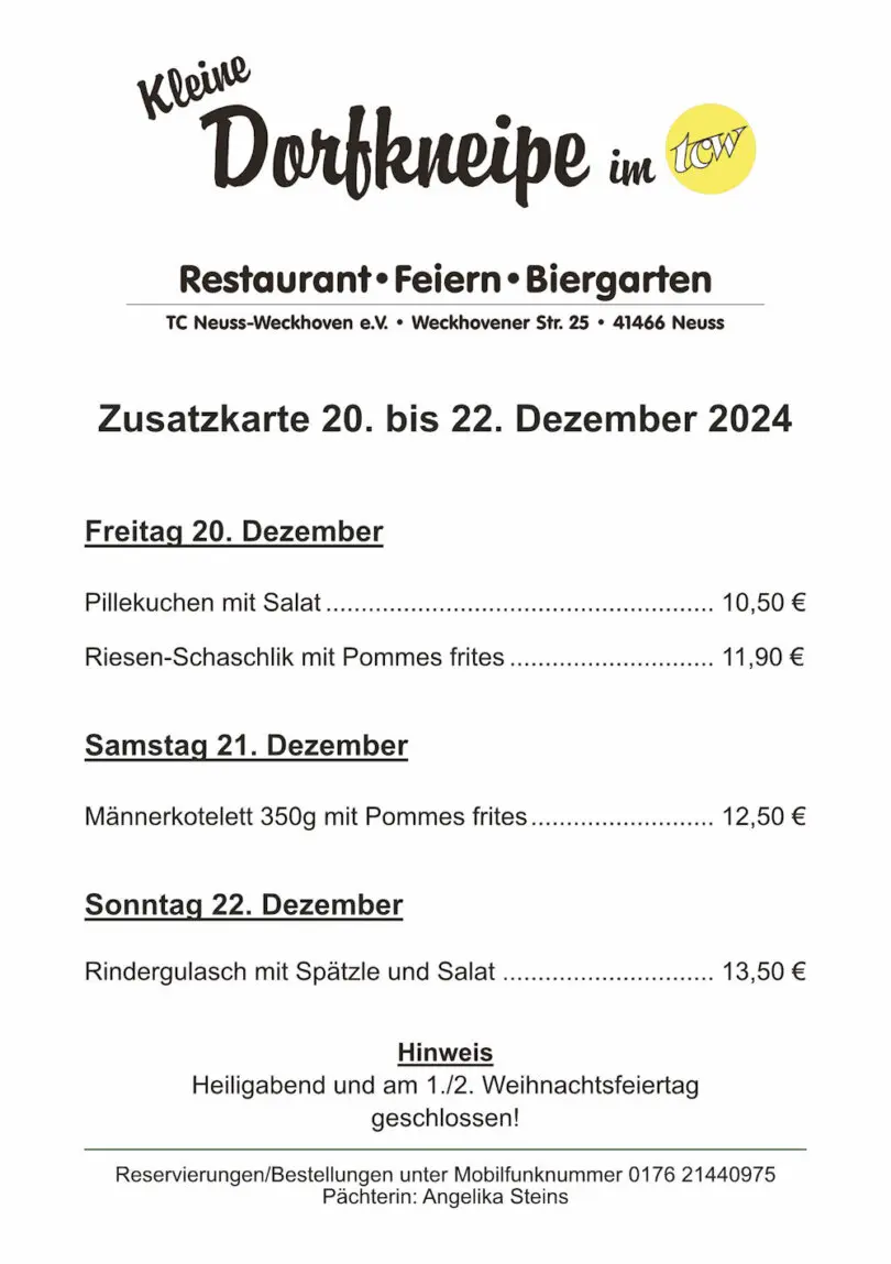 Zusatzangebote der "Kleinen Dorfkneipe im TCW"