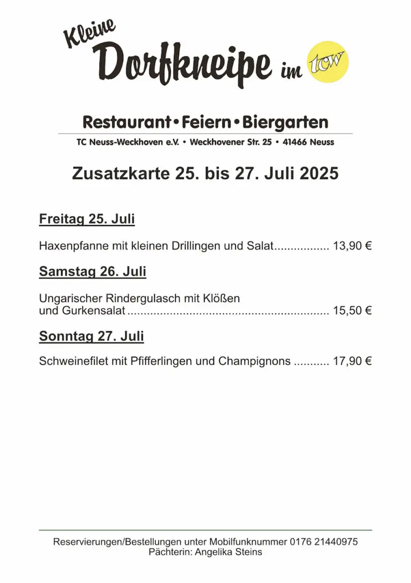 Zusatzangebote der "Kleinen Dorfkneipe im TCW" Zusatzangebote der "Kleinen Dorfkneipe im TCW"