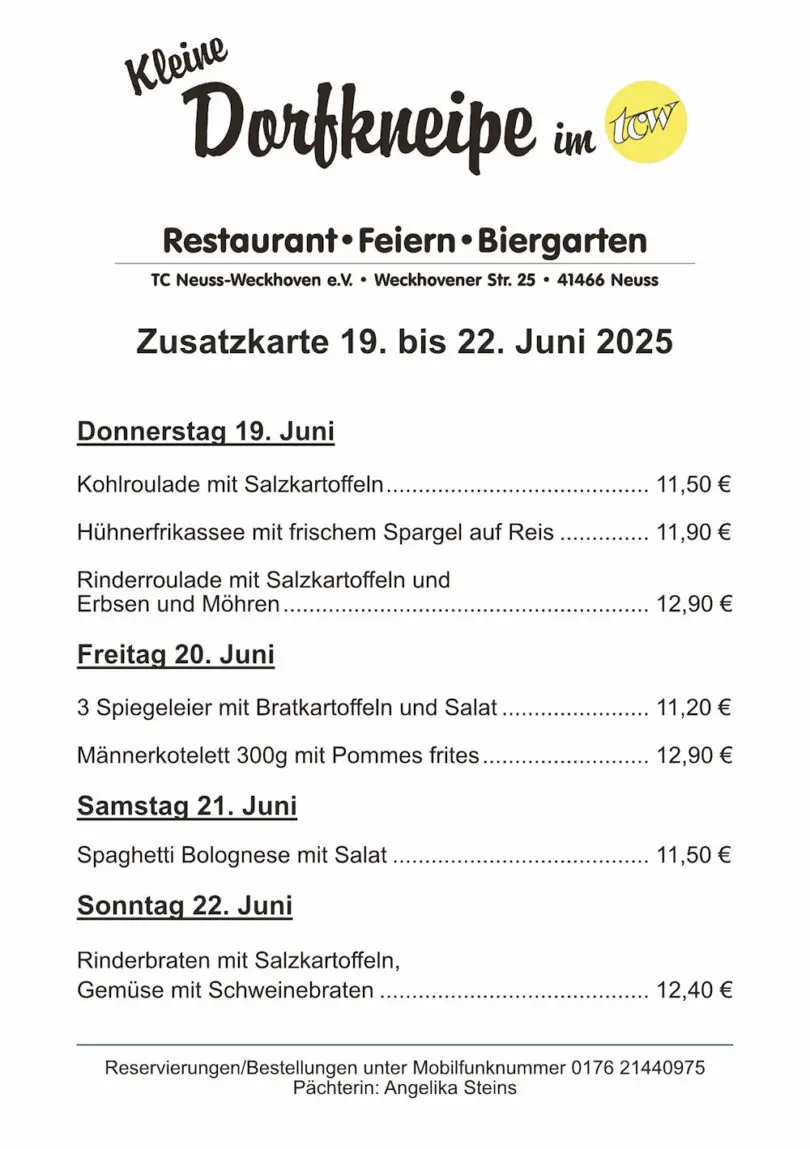 Zusatzangebote der "Kleinen Dorfkneipe im TCW" Zusatzangebote der "Kleinen Dorfkneipe im TCW"