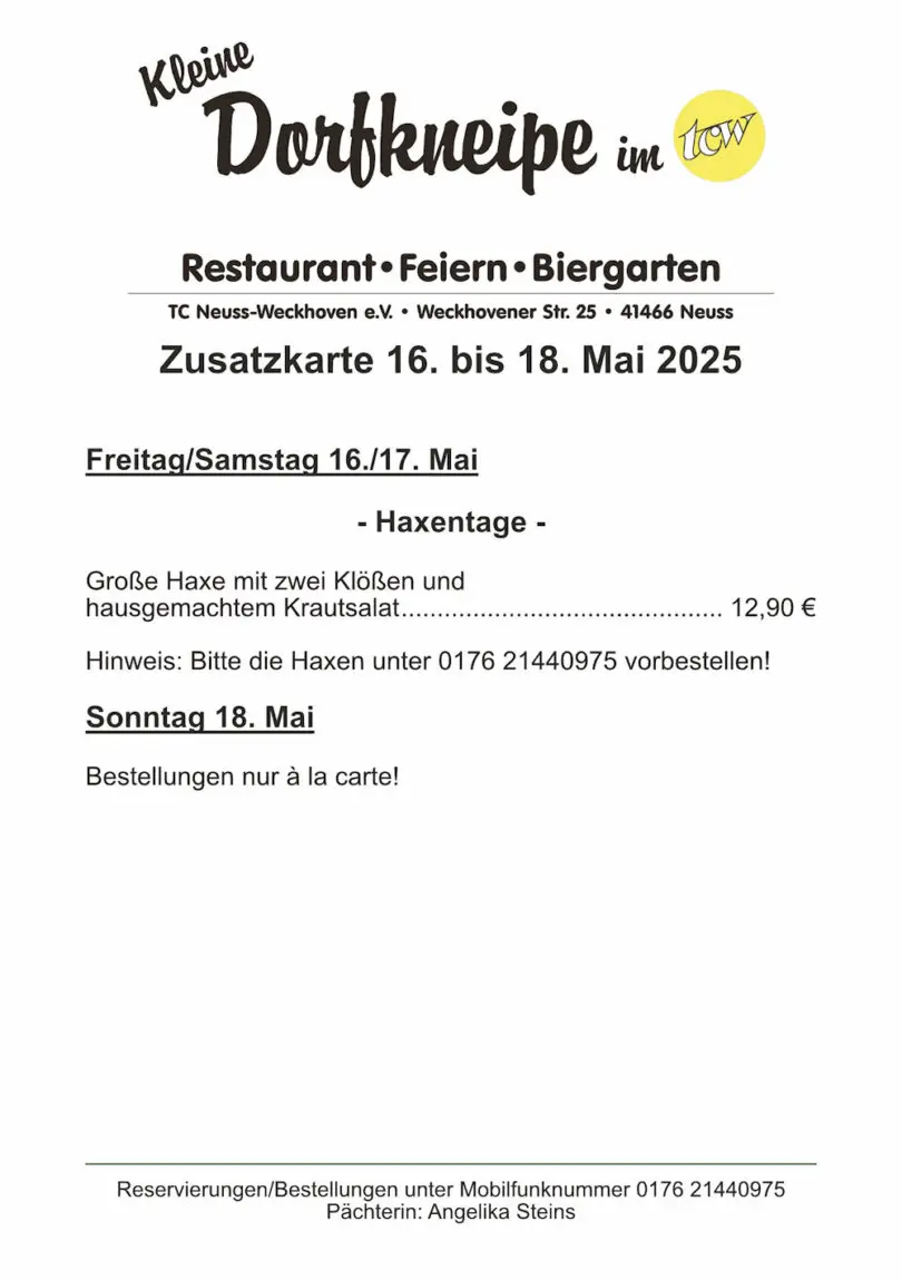 Zusatzangebote der "Kleinen Dorfkneipe im TCW" Zusatzangebote der "Kleinen Dorfkneipe im TCW"