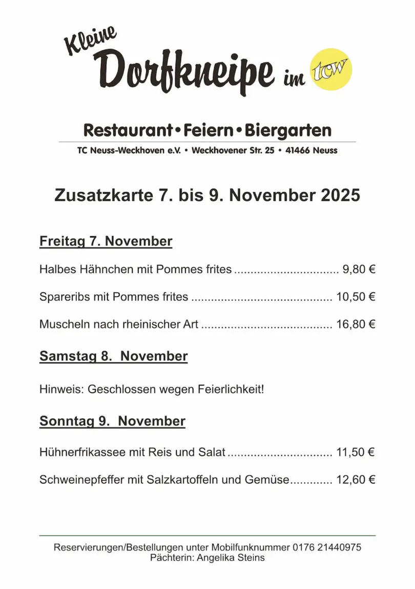Zusatzangebote der "Kleinen Dorfkneipe im TCW"