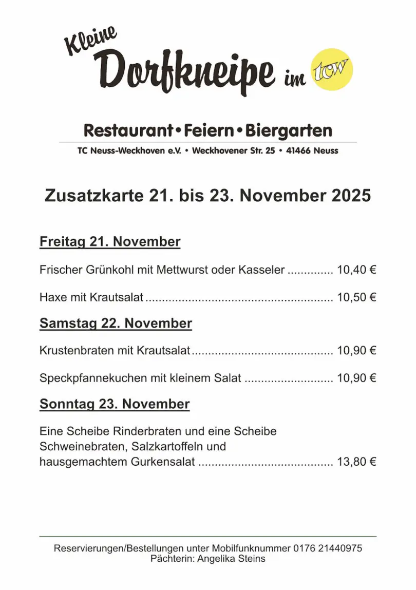 Zusatzangebote der "Kleinen Dorfkneipe im TCW"