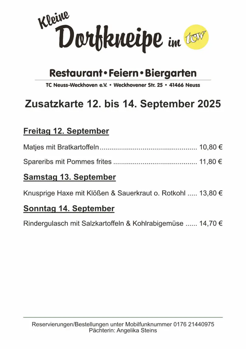 Zusatzangebote der "Kleinen Dorfkneipe im TCW" Zusatzangebote der "Kleinen Dorfkneipe im TCW"