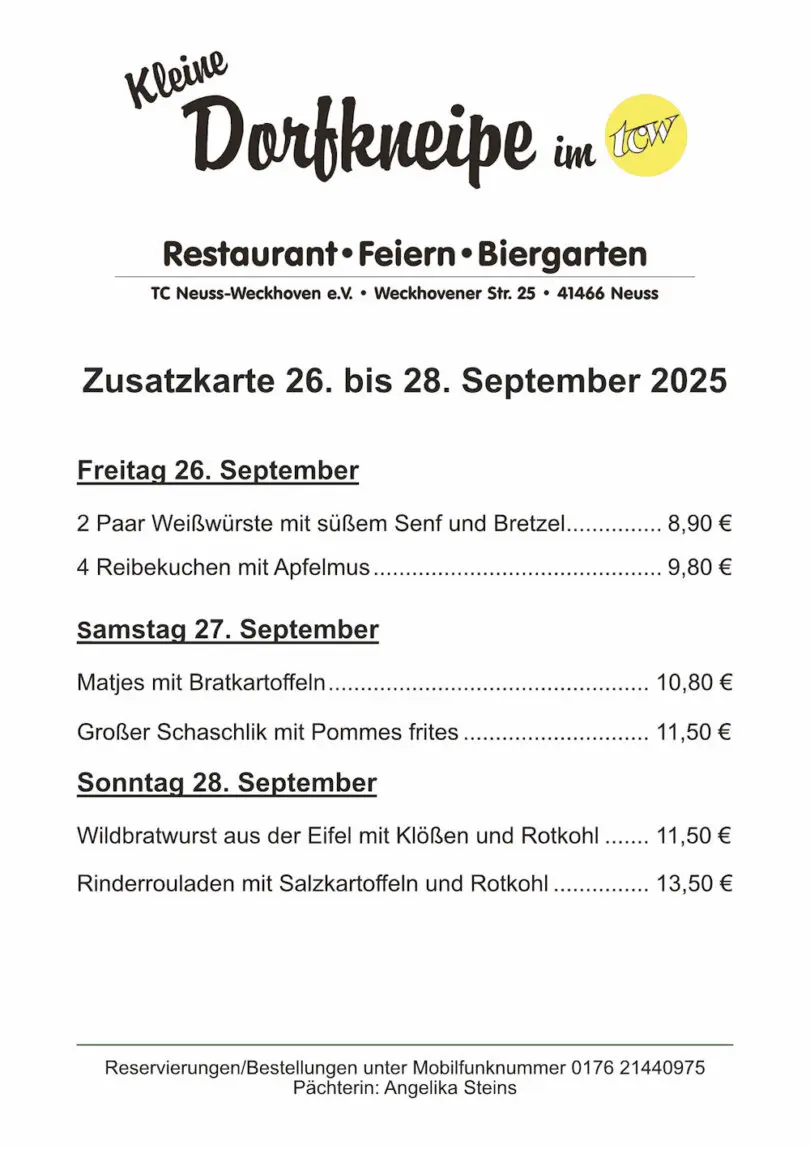 Zusatzangebote der "Kleinen Dorfkneipe im TCW" Zusatzangebote der "Kleinen Dorfkneipe im TCW"