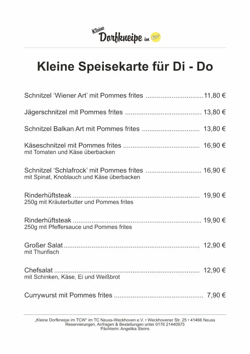 Zusatzangebote der "Kleinen Dorfkneipe im TCW" Zusatzangebote der "Kleinen Dorfkneipe im TCW"