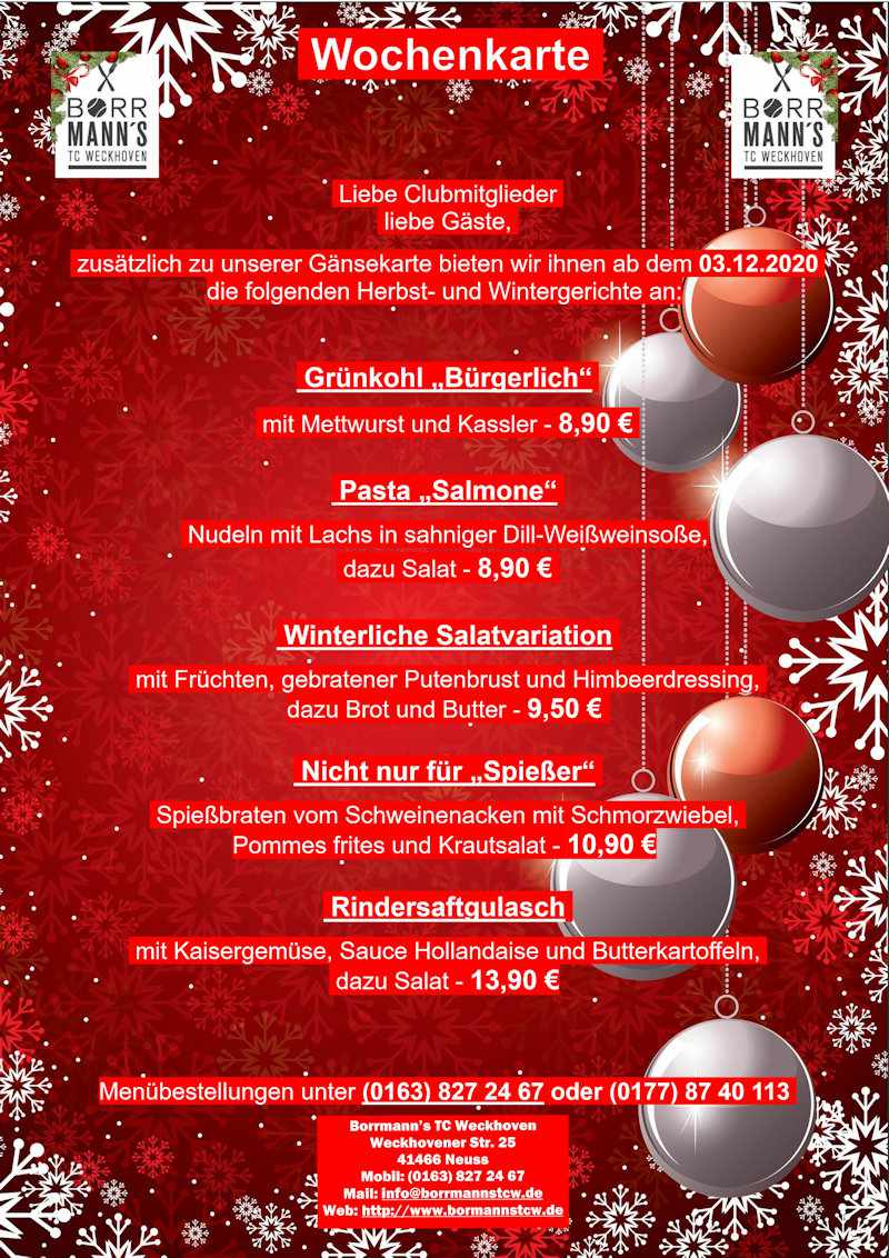 Speisekarte "Herbst-/Wintergerichte 2020" im TCW Speisekarte "Herbst-/Wintergerichte 2020" im TCW