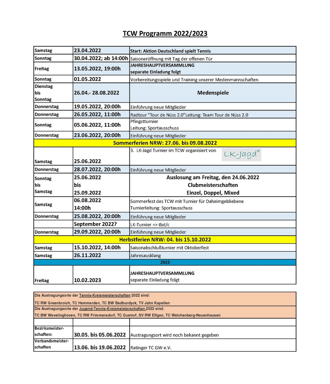 Veranstaltungen und Termin im TCW 2022/2023