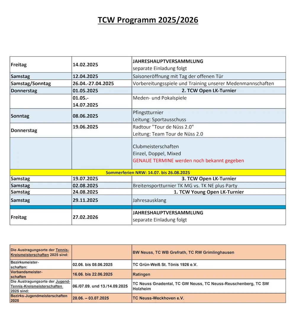 Veranstaltungen und Termin im TCW 2025/2026