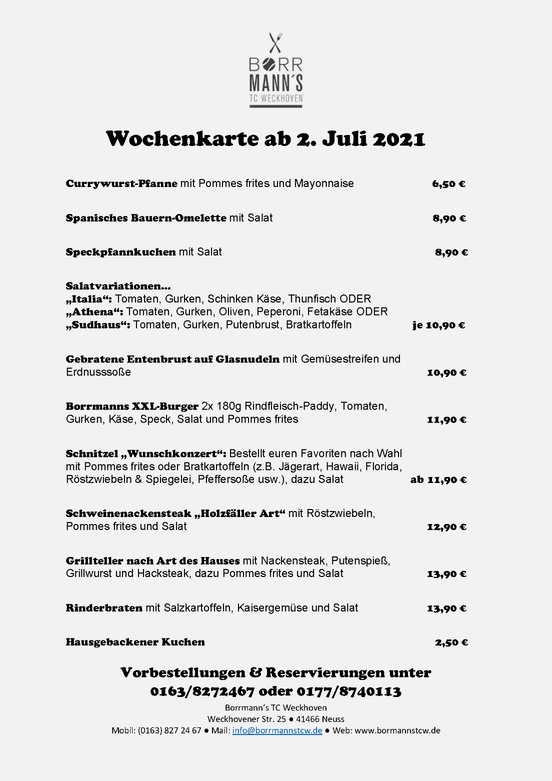 Aktuelle Speisekarte im TCW Aktuelle Speisekarte im TCW