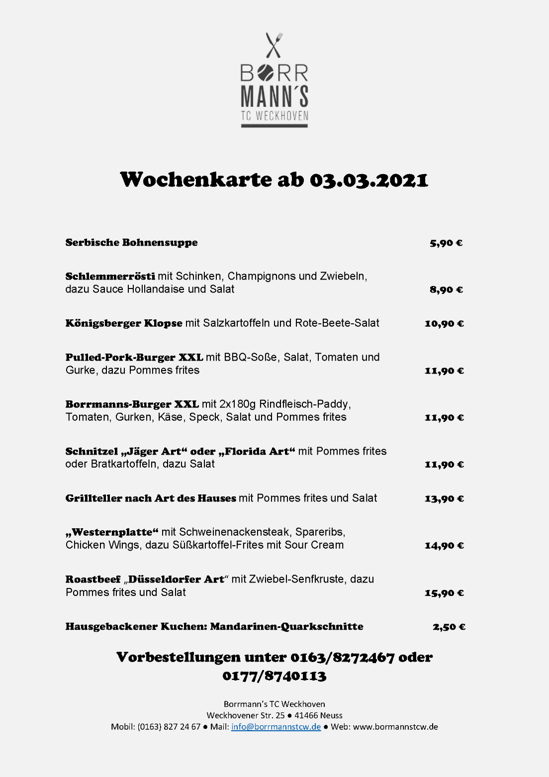 Wochenkarte ab dem 03.03.2021 im TCW Wochenkarte ab dem 03.03.2021 im TCWW